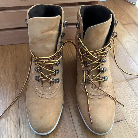Timberland Size 8.5 M Tan Leather Lace-Up Wedge Heel Ankle Bootie Boots Shoes - Picture 12 of 16